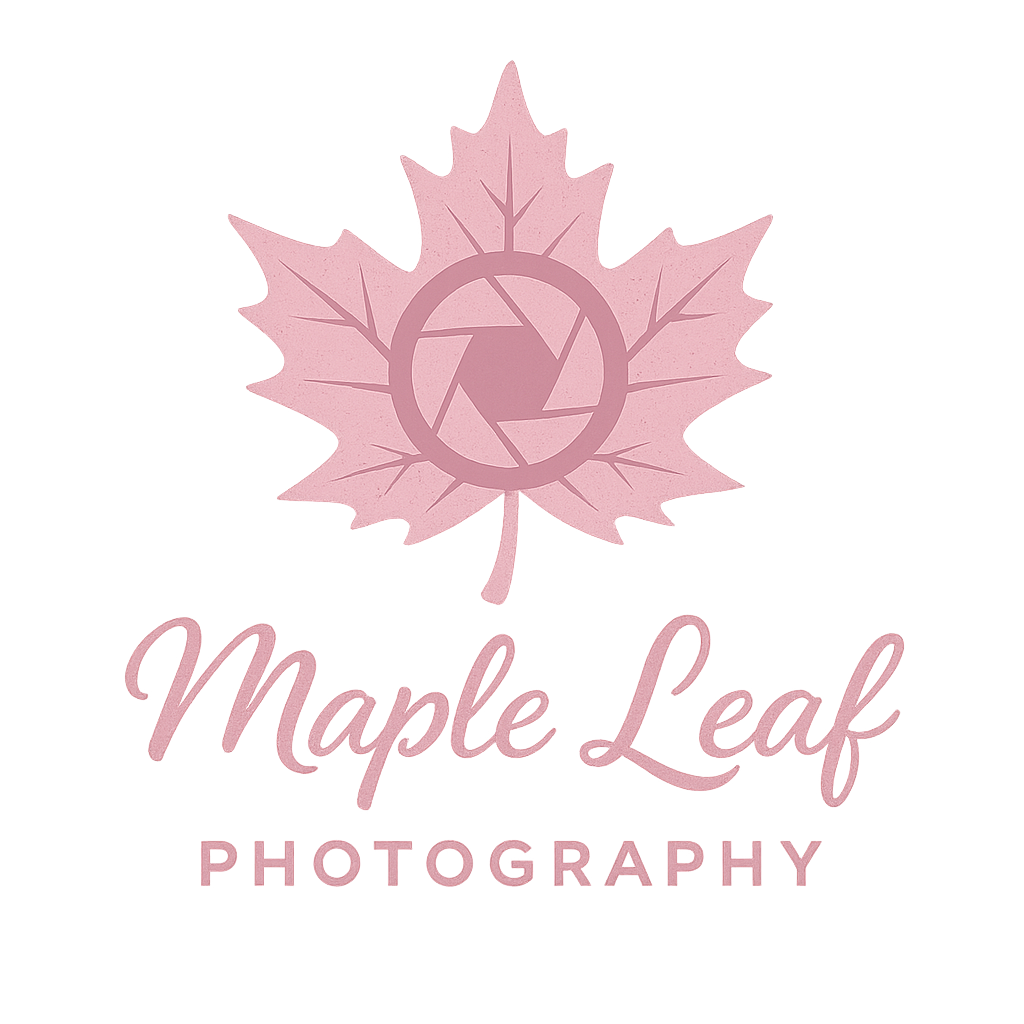 Maple Leaf Photography logo — pink maple leaf with camera aperture and elegant script text.